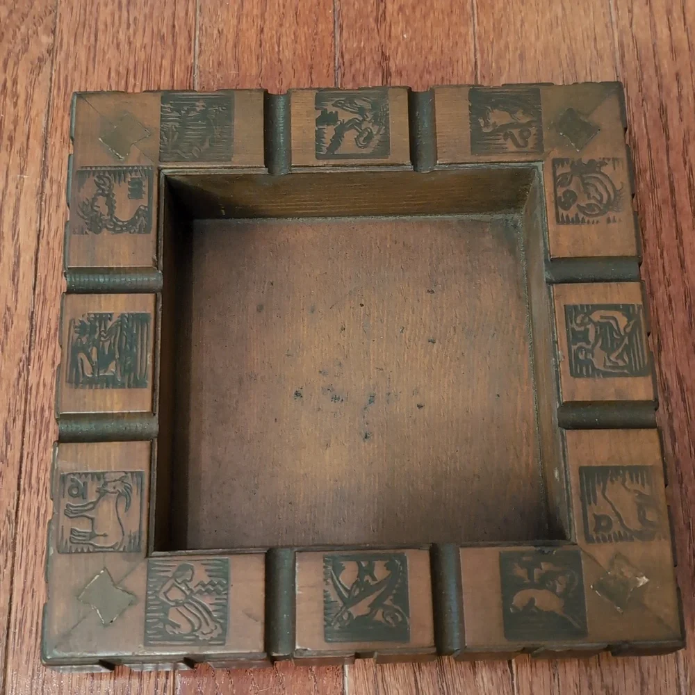 Vintage Brass Ashtray in Carved Wooden Box